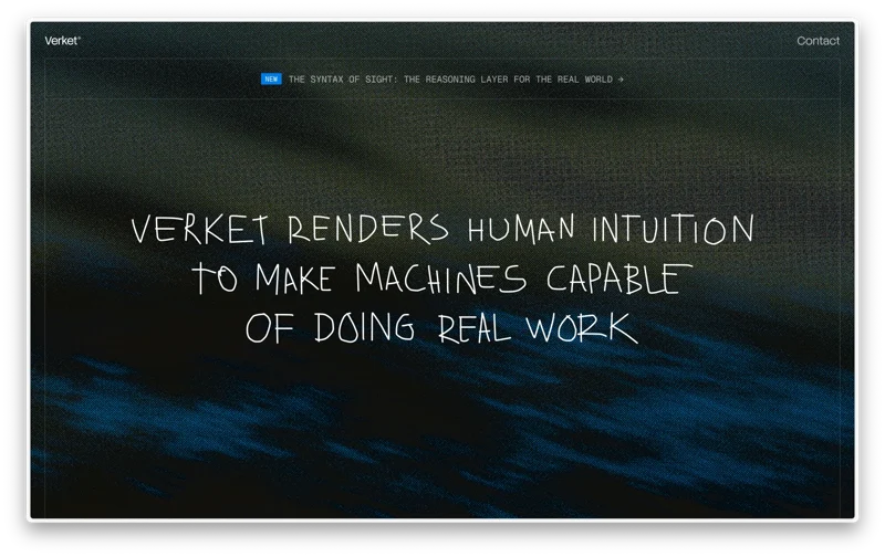 Verket landing page with a handwritten headline over a dark blue textured background